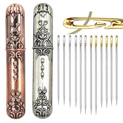 China Needles Kit Vintage Metal Needle Holder 1pc With 24PCS Self Threading Needles Stainless Steel Storage Case For Embroidery DIY for sale