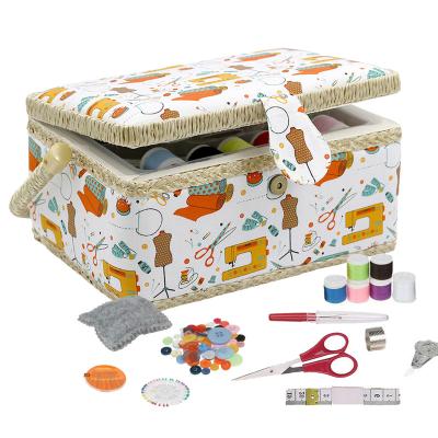 China Sewing Basket with Printing Design Sewing Kit Storage Box with Removable Built-in Pin Cushion Tray and Inside Pocket Organizer 24.5*18*12.5cm for sale