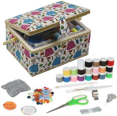 China Basic Sewing Basket with Kit Accessories Included Wooden Beginners Complete Sewing Kits with Removable Tray 12*9.1*6.5in for sale