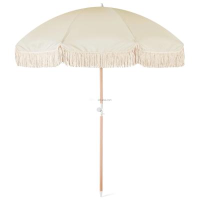 China Portable 8 Feet Vintage Boho Sun Umbrella with Yellow Fringe and Wooden Pole for sale