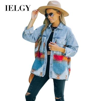 China IELGY new autumn and winter lapel pocket viable denim stitching jacket women retro lattice woolen jacket for sale