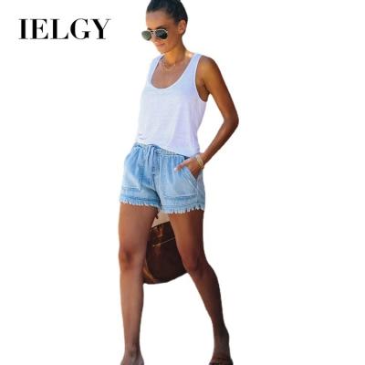 China IELGY Stain Ladies Sustainable Denim Shorts Fringed Elastic Loose Jeans Women for sale