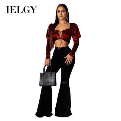 China IELGY Sustainable Fashionable All-match Wide-Leg Pants Knee Holes Flared Fringed Pants Women's Jeans for sale