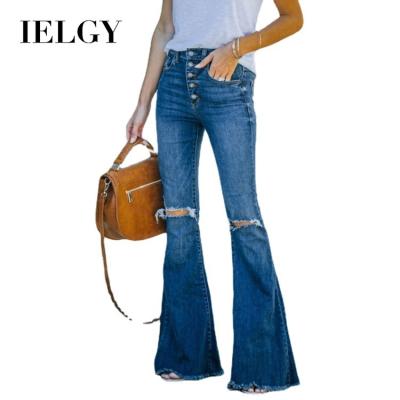 China IELGY Workable Dark Wash Denim Pants Temperament Ripped Mid-Waist Flared Jeans Women for sale