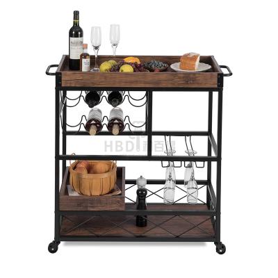 China Modern Wooden Food Metal Home Trolley Hotel Bar Coffee Serving Trolley Living Room Trolley With Wine Rack for sale