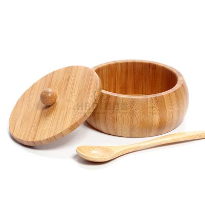 China Modern Restaurant Kitchen Tools Food Storage Box Bamboo Sugar Salt Bowl With Lid for sale