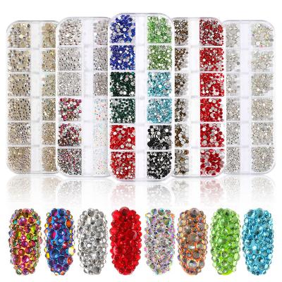 China Shiny Nail Art Rhinestone Decoration 12 Grids Boxed Flat Bottom Colorful Shiny Rhinestone for sale