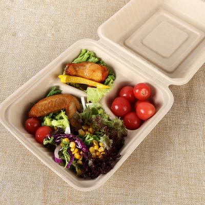 China Heatable Take Away Disposable Sugarcane Bagasse Lunch Boxes 3 Compartment Food Containers With Lids for sale