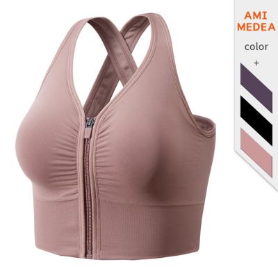 China Antibacterial Women's Sports Underwear Front Zipper Fitness Bra Yoga Vest Shockproof Gathered Running Bra for sale