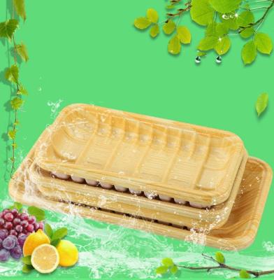 China Disposable Fruit Supermarket Tray Wooden Grain Plastic Fresh Packaging Tray for Vegetable Fruit and Seafood Take Out for sale