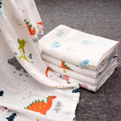 China Combed Organic Cotton Double Gauze Fabric Red Lovely Dinosaur Reactive Printing for sale