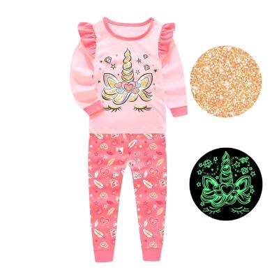 China Barbieliya Breathable Kids Sleepwear Girl Glitter Unicorn Glow In The Dark Kids Pajamas for sale