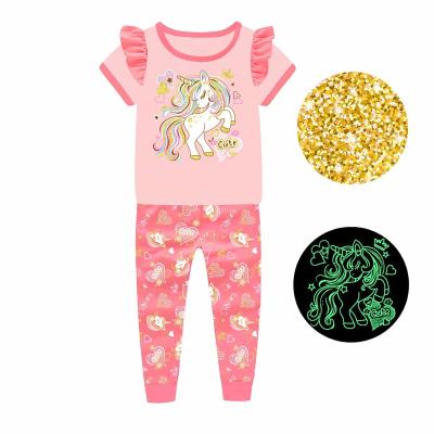 China Barbieliya Breathable Glitter Unicorn Girl 2PC Set Sleepwear Glow In The Dark Kids Pajamas for sale