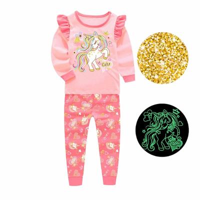 China Barbieliya Glitter Unicorn Girl Sleepwear Breathable Glow In The Dark Kids Pajamas for sale