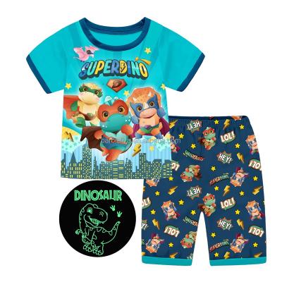 China 100% Cotton Dinosaur Boy Sleepwear Dressing Set Kids Short Sleeves Pajamas Glow In The Dark for sale