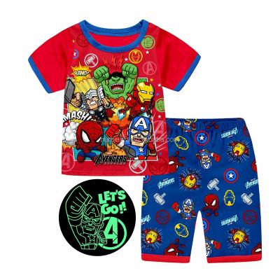 China 100% Cotton Hero Cartoon Sleepwear Dressing Set Kids Short Sleeves Pajamas Glow In The Dark for sale