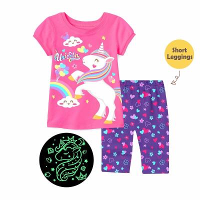 China Unicorn Homewear Girl Breathable Top And Leggings Glow In The Dark Kids Pajamas Set for sale