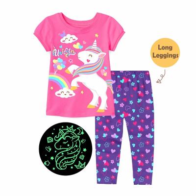 China Girl Unicorn Breathable Homewear Top And Leggings Glow In The Dark Kids Pajamas Set for sale