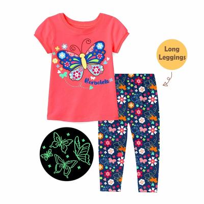 China Girl Butterfly Design Breathable Homewear Top And Glow Legging In Dark 2 Pcs Kids Pajamas Set for sale