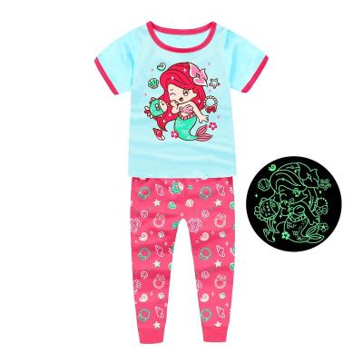 China Breathable Girl The Little Mermaid Short Sleeves Glow In The Dark Kids Pajamas Set Kids Sleepwear for sale