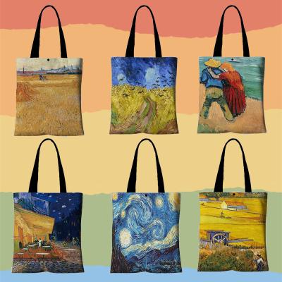 China 100% Eco-friendly 3D Printed Van Gogh Oil Painting Collection Canvas Bag With Large Capacity Hot Selling Shopping Bag for sale