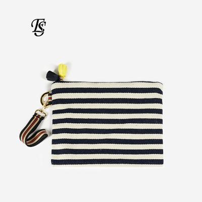 China Newest Wholesale 2021 Modern Eco-friendly Pure Canvas Fashion Factory Stripe Pattern High Quality Make Up Bag For Women for sale