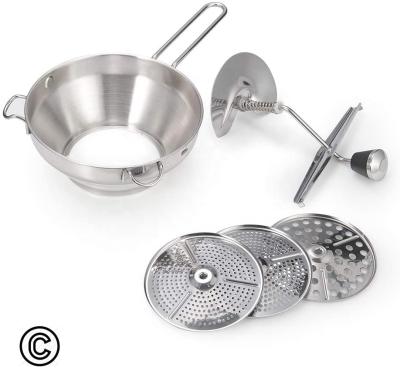 China Sustainable Stainless Steel Kitchen Vegetable Grinder With 3 Discs For Crushing Tension Grating Fruits for sale