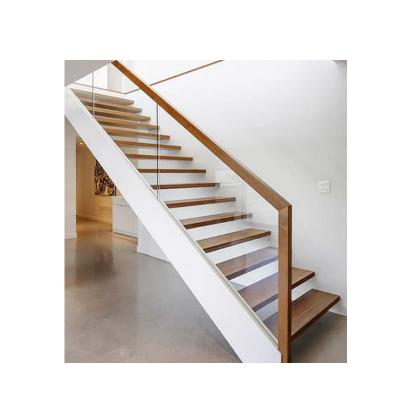 China Modern Style Interior Straight Wooden Stair Tread Floating Steps and Tempered Glass Panel Balustrade Balustrade for sale