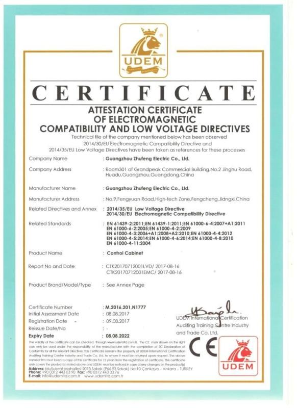 CERTIFICATE Attestation Certificate of Electromagnetic compatibility and low voltage directives - Guangzhou Zhufeng Electric Co., Ltd.