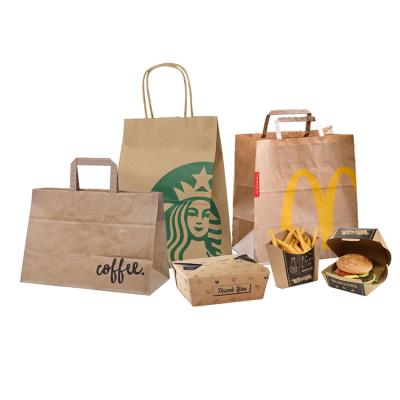 China Custom Printing Recyclable Carry Recycled Brown Kraft Paper Takeout Craft Grocery Packing Restaurant Cafe Food Bags for sale