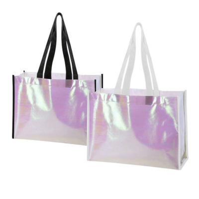 China Extra Large Heavy Duty Pink Metallic Iridescent Holographic Laser Sewing Eco Friendly Reusable Non Woven Tote Shopping Bag for sale