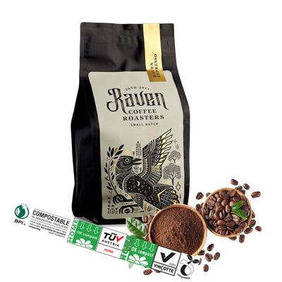 China Custom Printing Black Recycled Flat Bottom BIODEGRADABLE Stand Up Pouch 1Kg Kraft Empty Paper Packaging Coffee Beans Bag With Valve And Zipper for sale