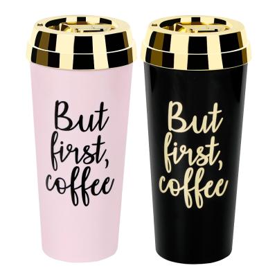 China Custom Leakproof Double Wall Gold And Black Plastic Mug Novelty Custom Coffee Mug With Lid WITH LID for sale