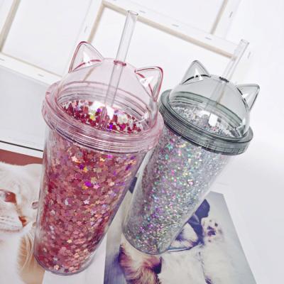 China 16oz 9.5*20.5cm Summer Ins Style Glitter Cat Ear Lid Tumbler Cups Double Wall Plastic Tumbler Cups Acrylic Bubble Tea Tumbler With Straw for sale