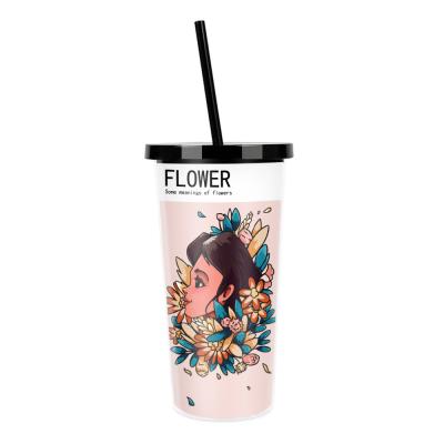 China New Design Flower Girl Reusable Plastic Drinking Tumbler 500ml Bubble Tea Tumbler Cups With Lid Unique Double Wall Acrilicos Vasos 7*10*19cm for sale