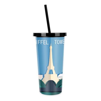 China Wholesale New Unique Design Eiffel Tower Coffee Vasos Portable Color Changing Plastic Tumbler Cup 7*10*19cm for sale