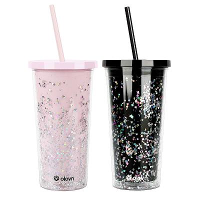 China 20 oz Viable Wholesale Clear Glitter Tumbler Mug Insulated Pink Double Wall Acrylic Tumbler Cups With Straw for sale