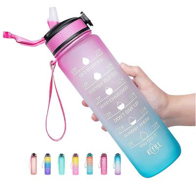 China Viable Custom Reusable Plastic Straw Gallon Motivational Water Bottle Sports Gym 32oz Bpa Free With Time Marker for sale