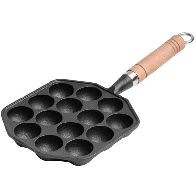 China Viable Octopus Pan With Wooden Handle Cast Iron 14-Hole Mini Octopus Ball Frying Pan for sale