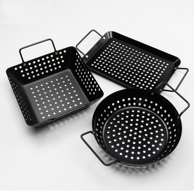 China Food Grade 3 Stainless Steel BBQ Grill Pan Vegetable Basket Non-Stick Durable BBQ Grill Basket Easily Cleaned Set for sale