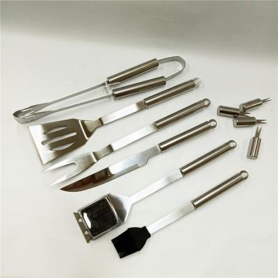 China Hot Selling Easily Cleaned Wire BBQ Tongs 10 PC Stainless Steel BBQ Tool Kit BBQ-KJ049-10 for sale