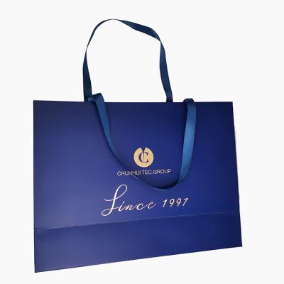 China Factory Price Recyclable Navy Blue Fashion Shopping Bottom Custom Paper Bag With Logo for sale