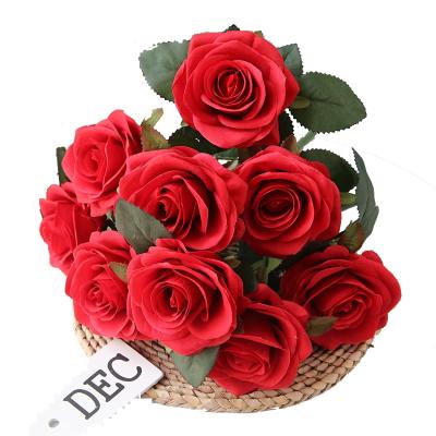 China Cheap Red Silk Bouquet Artificial Flowers Natural Touch Roses Bulk Home Wedding Decoration For Living Room for sale