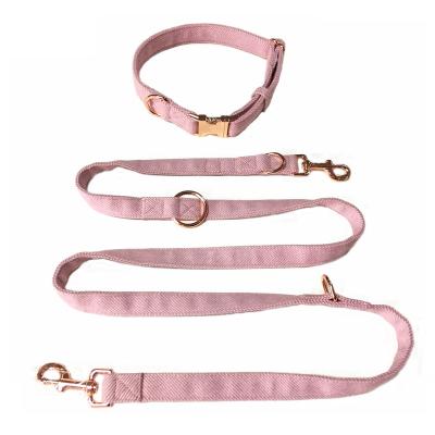 China Sustainable soft and comfortable dog collar leash set, striped pattern pink/grey/beige with gold metal buckle and clip for sale