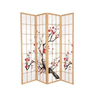 China Japan Style Cherry Blossom Wooden Movable Cheap Folding Screen Room Divider for sale