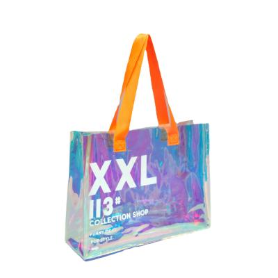 China Factory PVC Laser Handled Handbag Customized Clear Plastic Laser Tote Packaging Shopping Bag Colorful Gift Handbag for sale