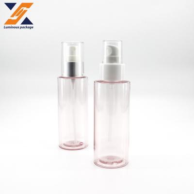 China Single PET Bottle Spray Cosmetic Lotion Bottle 100ml Flat Shoulder Thick Wall Hair Care Packaging Clear PET Pump Bottle for sale