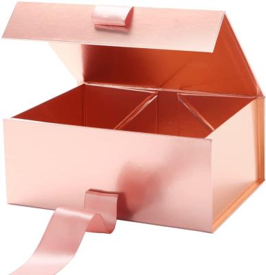 China Large Recyclable Magnetic Collapsible Rose Gold Proposal Bridesmaid Snap Gift Box With Ribbon for sale