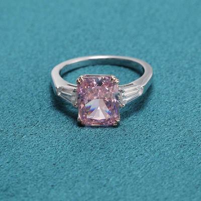 China Romantic Light Luxury 925 Sterling Silver Rectangle Cut Pink CZ Rhodium Plated Colorful Gemstone Rings for sale