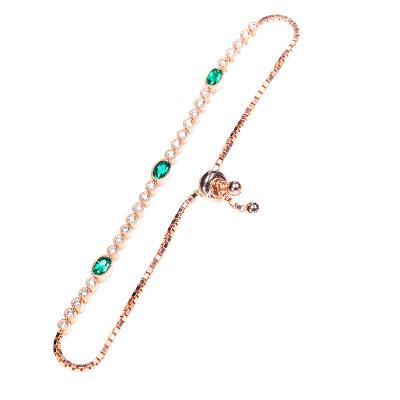 China Cute Adjustable Thin Zircon Rose Gold Plated Bracelet Zircon Sterling Sliver Bangle Chain Green Bracelet for sale